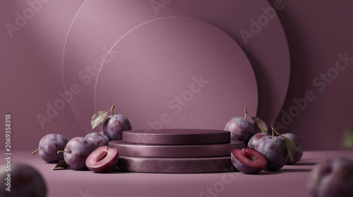 Minimalist purple-themed abstract stage with fresh plums and circular backdrop for product or jewelry display