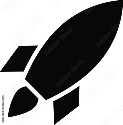 Black silhouette of a rocket ship on a white background