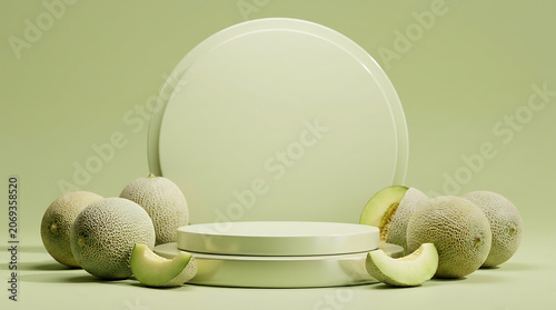 Elegant minimalist display featuring cantaloupe melons and slices on a pastel green backdrop with a central pedestal