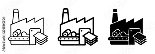 Factory production line icons, industrial manufacturing process vector graphics, paper mill and manufacturing plant symbols