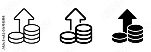 Money Growth Icons, Stacked Coins with Upward Arrow, Financial Increase Symbols, Business Investment Graphics, Economic Profit Vector Art
