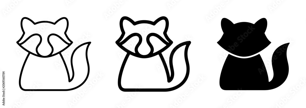 Fototapeta premium Raccoon Icons Set: Outline, Filled Outline, and Solid Silhouette Vector Graphics for Wildlife and Nature Designs