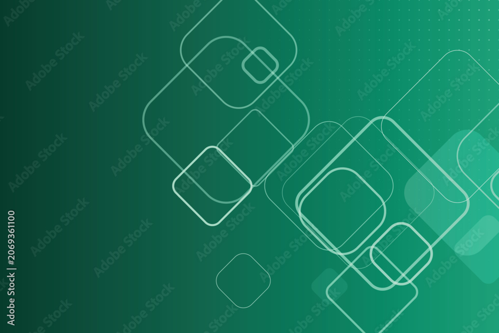 Fototapeta premium Overlapping rounded squares and dotted grid pattern on a dark to light emerald green gradient background