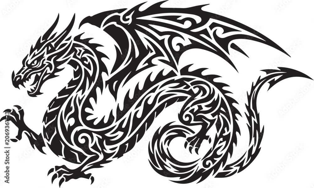 Fototapeta premium Tribal Dragon Tattoo Vector Illustration for Fantasy Art Design
