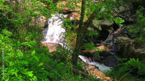 Landscape of a small stream in the Aude department, in the foothills of the Montagne Noire in Occitanie. Dense forest in the South of France.