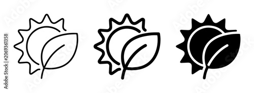 Eco-friendly sun and leaf icons, representing nature, sustainability, and organic growth, presented in outline and solid styles for diverse design applications.