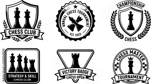 Chess club emblem. Chess game, chess tournament logo, king, queen, bishop and rook chess pieces silhouettes. Tactical game emblems vector illustration set. Victory badges with wreath and shield