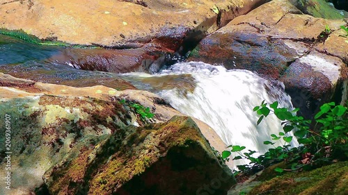 Landscape of a small stream in the Aude department, in the foothills of the Montagne Noire in Occitanie. Dense forest in the South of France.