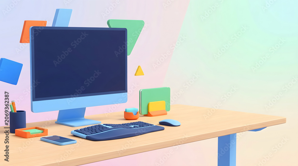 Naklejka premium Blue computer desk with office equipment and geometric decorative elements in 3D illustration style