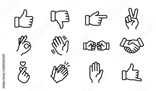 Hand gesture line icon set with editable stroke isolated on white background