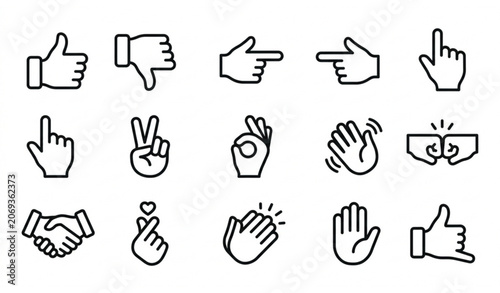Hand gesture line icon set with editable stroke isolated on white background