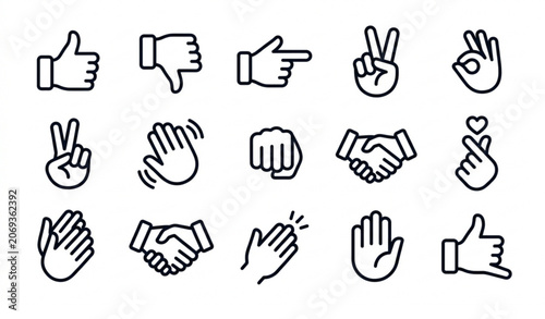 Hand gesture line icon set with editable stroke isolated on white background