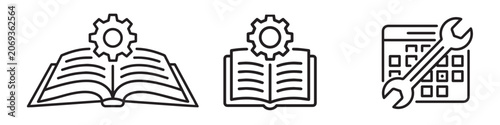 Minimalist line icons set representing technical documentation manual books with gears and a calendar with a wrench for scheduled maintenance