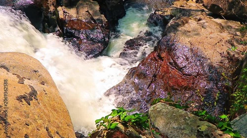 Landscape of a small stream in the Aude department, in the foothills of the Montagne Noire in Occitanie. Dense forest in the South of France.