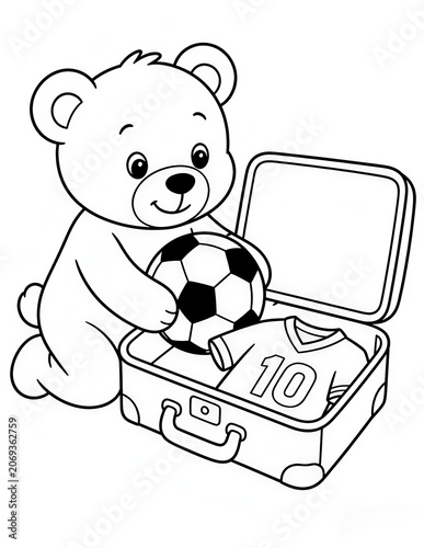 Cute Teddy Bear Packing for soccer world tour Soccer Coloring Page for Kids Black and White Cartoon Illustration	