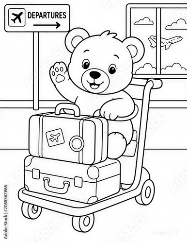 Cute Teddy Bear at the airport for soccer world tour Soccer Coloring Page for Kids Black and White Cartoon Illustration	