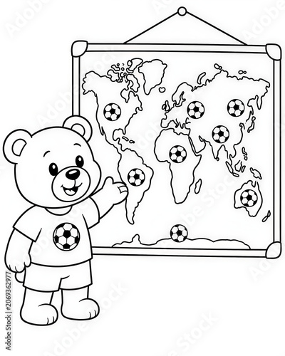 Cute Teddy Bear pointing at world map soccer world tour Soccer Coloring Page for Kids Black and White Cartoon Illustration	