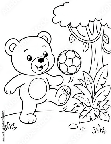Cute Teddy Bear Playing Soccer Rainforest Soccer World Tour Coloring Page for Kids Black and White Cartoon Illustration	