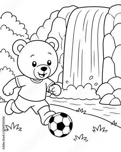 Cute Teddy Bear Playing Soccer waterfall Soccer World Tour Coloring Page for Kids Black and White Cartoon Illustration	