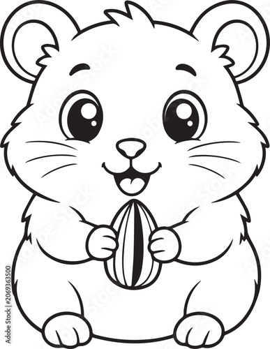 Cute Cartoon Hamster Holding Sunflower Seed Coloring Page Vector Illustration