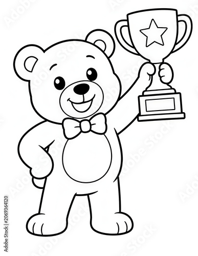 Cute Teddy Bear soccer world tour trophy Soccer Coloring Page for Kids Black and White Cartoon Illustration
