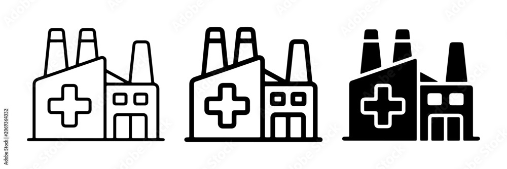 Fototapeta premium Medical Factory Icons, Healthcare Industry Building Symbols, Pharmaceutical Plant Graphics, Clinic Production Facility Vector Art