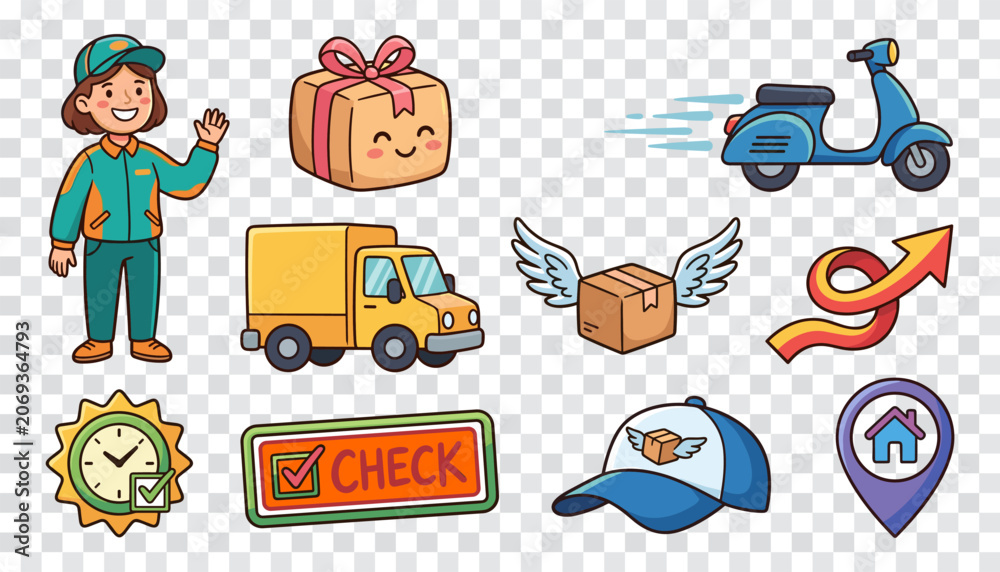 Fototapeta premium Delivery courier shipping logistics fast truck scooter package set cute cartoon vector illustration