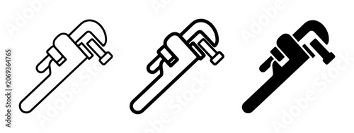 Pipe Wrench Icons Set, Plumbing Tool Vector Graphics, Adjustable Wrench Symbols, Industrial Equipment Illustrations, Black and White Tool Graphics