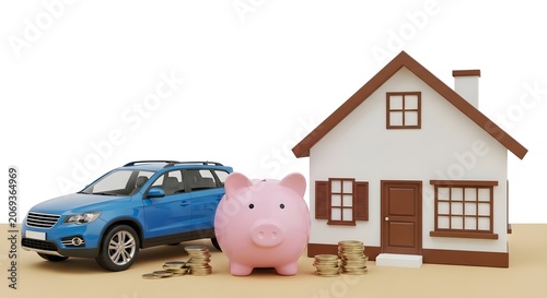 3d rendering of a blue suv car, a pink piggy bank, and a model house, representing financial planning for major life purchases and savings