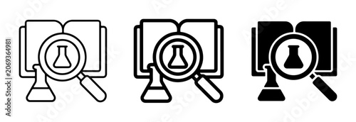 Fotografía Science Research Icons: Magnifying Glass Over Open Book and Flask, Laboratory Di