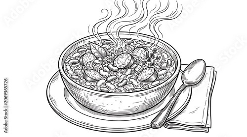 Hand drawn line art illustration of a steaming bowl of bean and sausage soup, rustic sketch of hot cassoulet or feijoada with spoon and napkin
