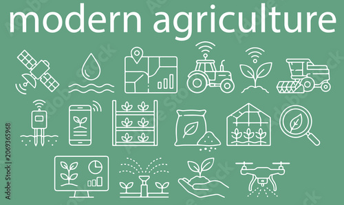 set of icons on the topic of innovations in farming, namely the application of technologies in agriculture in line art style