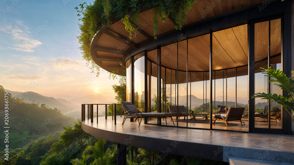 Fototapeta premium Modern luxury villa with curved glass walls and deck overlooking green mountain valley at sunset, AI-generated