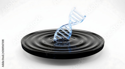 Abstract 3D Render of Glowing DNA Helix Emerging from Rippling Liquid, Symbolizing Genetic Code, Breakthrough, and Core Innovation on White.