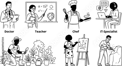 Different professions and occupations. Professional workers in uniform, doctor, teacher, chef and IT-specialist. Labor day vector illustration set. Male and female jobs as gardener, painter, sculptor