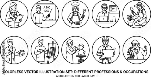 Different professions and occupations. Professional workers in uniform, doctor, teacher, chef and IT-specialist. Labor day vector illustration set. Male and female jobs as gardener, painter, sculptor