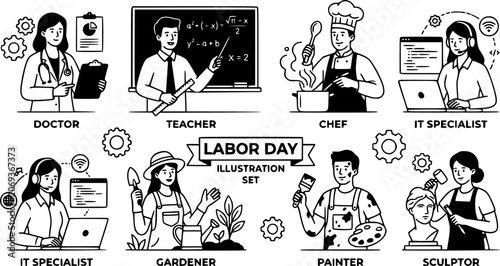 Different professions and occupations. Professional workers in uniform, doctor, teacher, chef and IT-specialist. Labor day vector illustration set. Male and female jobs as gardener, painter, sculptor