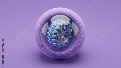 3D render of a cute fuzzy sphere character with a glowing tech wheel, symbolizing protected innovation, isolated on purple background.