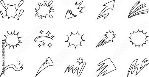 Hand drawn speech bubbles and comic effects collection black line art vector illustration