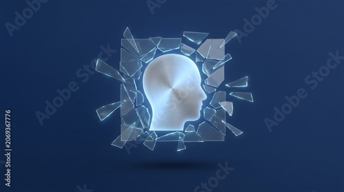 Side view of metallic human head profile shattering glass, illustrating mental breakthrough, innovation, and freedom against a deep blue background.