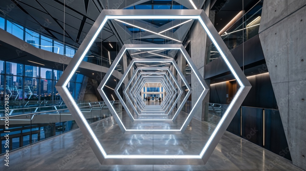 Fototapeta premium Futuristic hexagon light tunnel in modern corporate office, glowing geometric portal in high-tech interior, sci-fi architectural corridor with neon lights