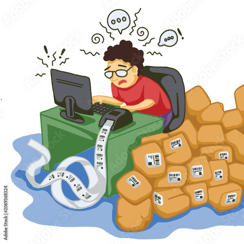 Stressed Warehouse Worker with Many Packages and Urgent Shipping Deadline Vector Illustration