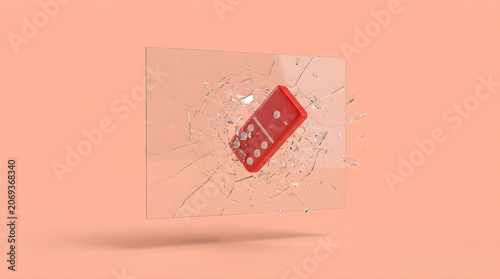 Red domino breaking through a shattered glass barrier illustrating disruption and the domino effect on a soft background.