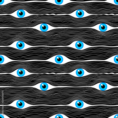 Abstract seamless pattern with eyes and flowing lines in dark light. Vector illustration, background, wallpaper