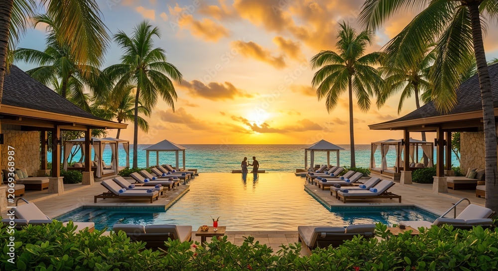 Fototapeta premium Luxury Tropical Resort Infinity Pool at Sunset with Palm Trees and Couple Silhouetted