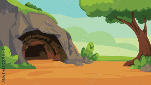 A cartoon-style digital illustration of a cave entrance in a natural outdoor setting. 