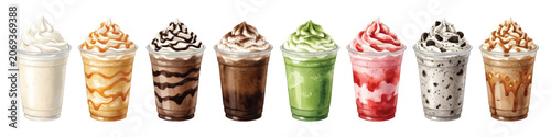 Watercolor set of blended iced coffee, frappe milkshake drink with whipped cream and various flavors