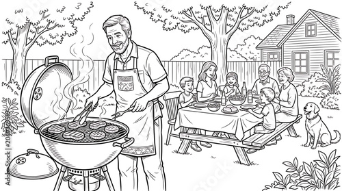 Family enjoying a backyard barbecue picnic with a man grilling burgers, children, grandparents, and a dog in a suburban garden setting