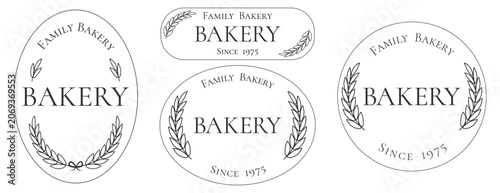 Set of elegant bakery logos and emblems with wheat wreath frames. Branding, packaging. Vector illustration, isolated on white.