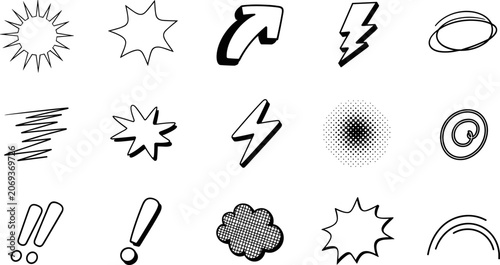 Black and white comic book elements collection speech bubbles lightning bolts and starbursts for graphic design